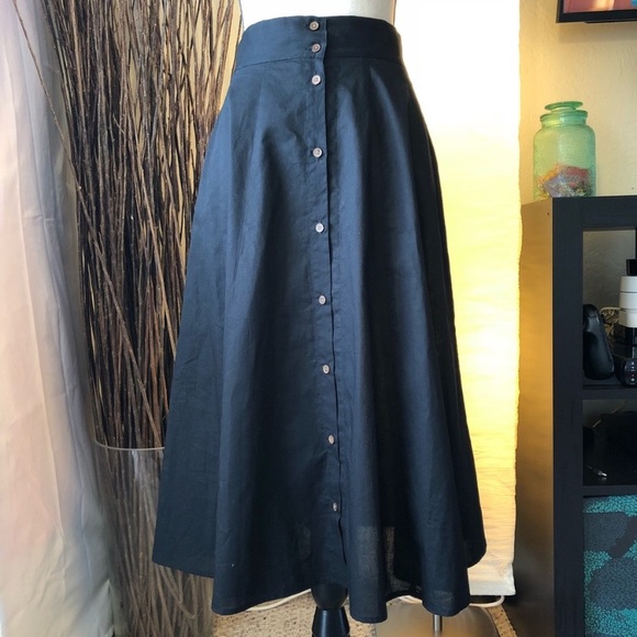 Flowy Black Cotton Linen Blend Midi Skirt, M - Picture 4 of 12